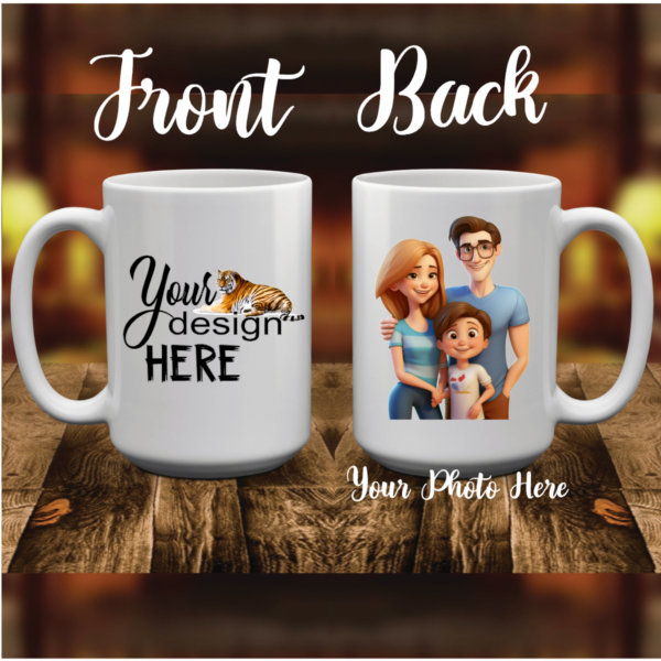 "15 oz custom coffee mug with edge-to-edge sublimation print featuring a personalized design; durable ceramic, microwave and dishwasher safe, with a comfortable handle for easy grip."