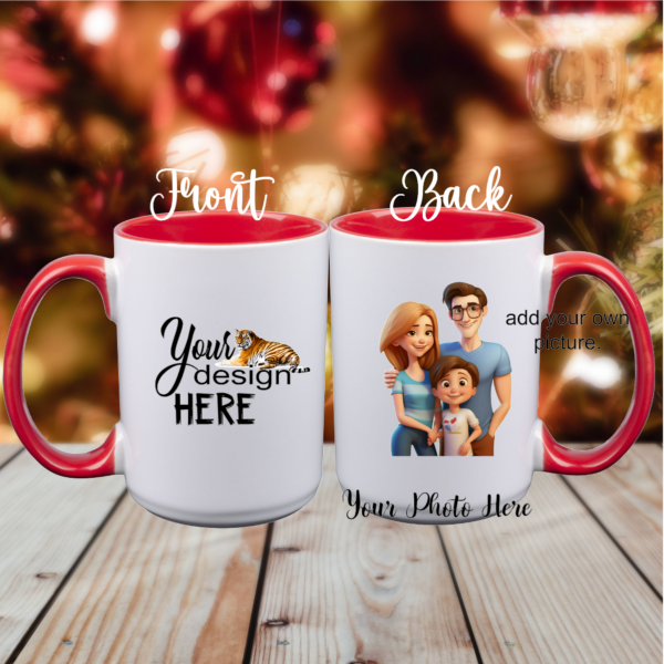 "15 oz custom coffee mug with edge-to-edge sublimation print featuring a personalized design; durable ceramic, microwave and dishwasher safe, with a comfortable handle for easy grip."