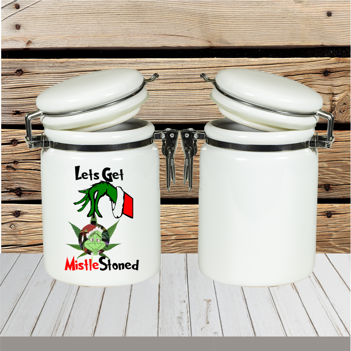 A custom sublimated stash jar with vibrant, full-color personalized designs, featuring an airtight seal for keeping contents fresh. Ideal for storing herbs, coffee, or small items, with options for names, quotes, or themed graphics.