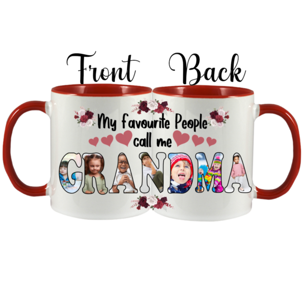 A glossy white 11 oz ceramic mug with the phrase "My Favorite People Call Me Grandma" printed in vibrant, fade-resistant colors. The design features a warm and cheerful style, perfect for a personalized touch. Ideal for coffee or tea, it has a comfortable handle and is microwave and dishwasher safe, making it both sentimental and practical.