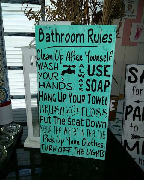 Bathroom Rules Hand Painted Pine Wood Sign