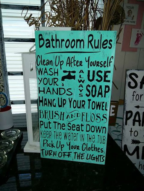Bathroom Rules Hand Painted Pine Wood Sign