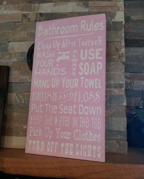 Bathroom Rules pink Hand Painted Pine Wood Sign