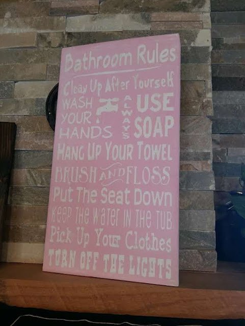 Bathroom Rules pink Hand Painted Pine Wood Sign