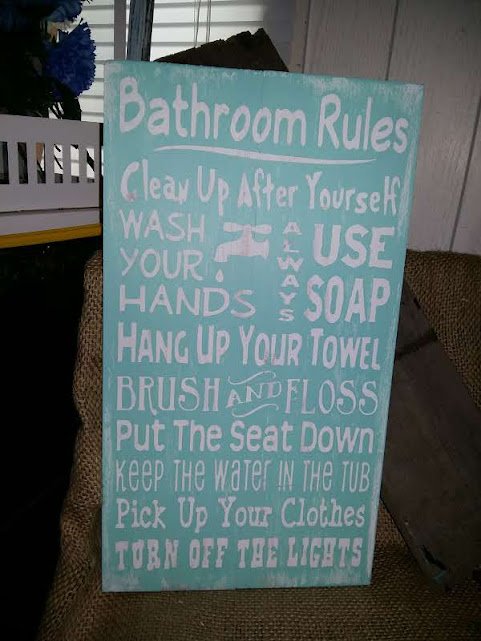 Bathroom rules Light Blue Hand Painted Pine Wood Sign
