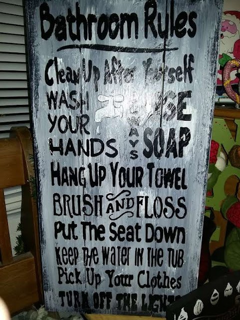 Bathroom rules distressed grey on black Hand Painted Pine Wood Sign