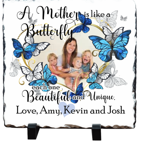 A Mother is like a butterfly beautiful and unique 8 x 8 Website ready Personalized Mother Butterfly Photo Slate – Custom Memorial Photo Gift for Mom | 8x8 Hand Chiseled Keepsake