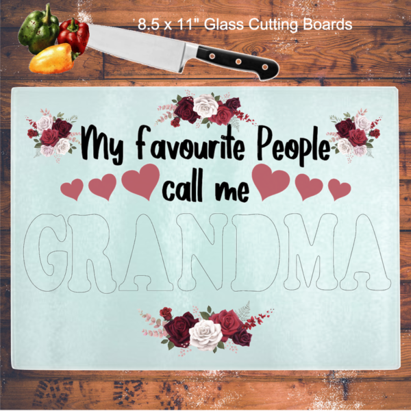 Personalized Grandma glass cutting board with grandchildren photos and floral design