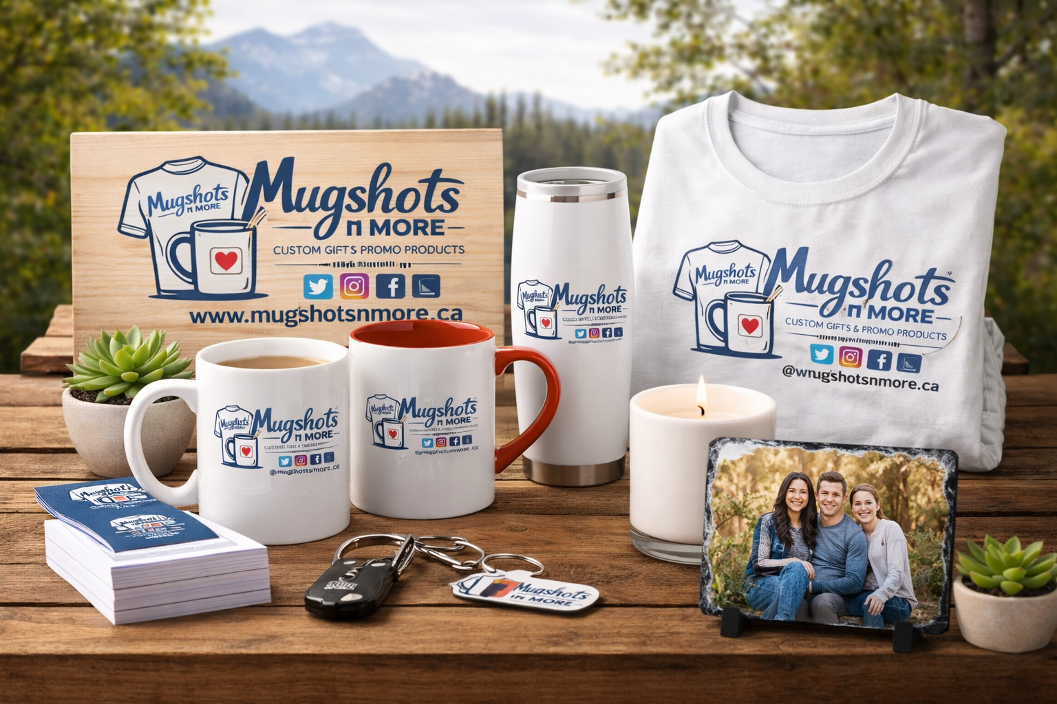 Custom mugs, personalized gifts, custom apparel, and promotional products from Mugshots N More, a Fraser Valley British Columbia custom printing business.