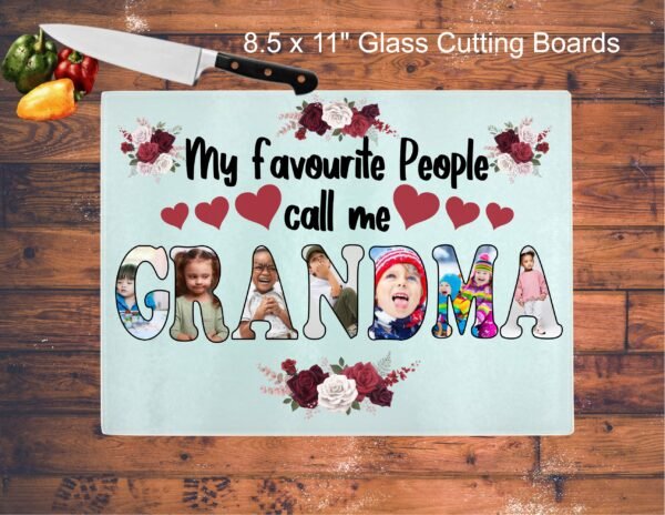 Personalized Grandma glass cutting board with grandchildren photos and floral design