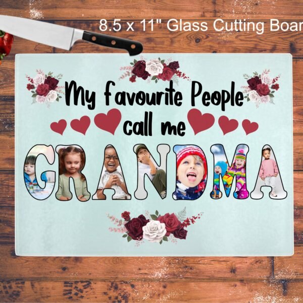 personalized-grandma-photo-glass-cutting-board-mothers-day-gift.jpg Personalized Grandma glass cutting board with grandchildren photos and floral design